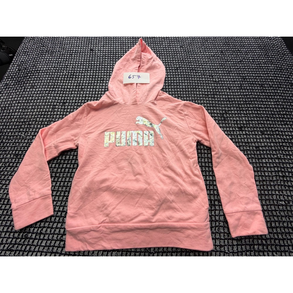 Puma Hoodie Girls S(7) Pink Iridescent Foil Logo Pullover Sweatshirt